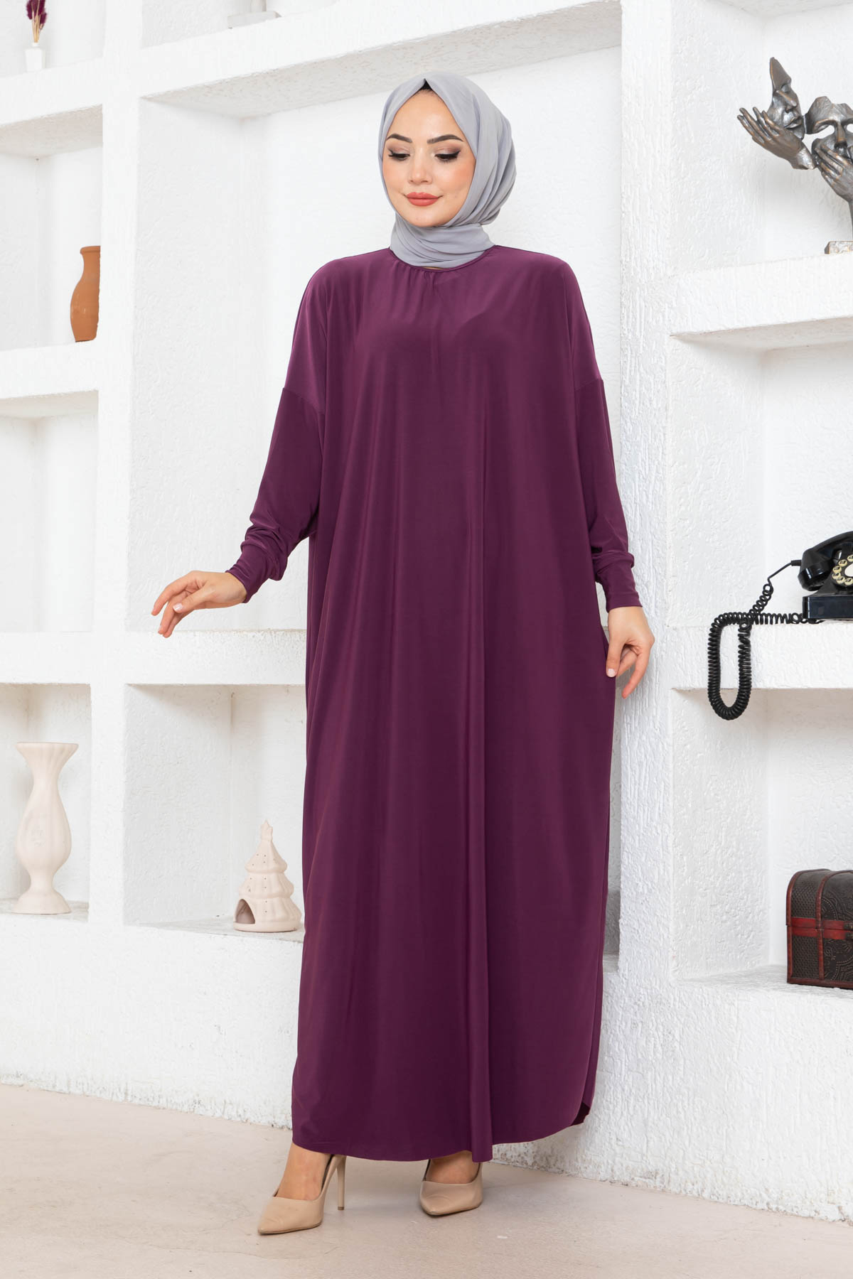 Yarasa Kol Elbise - Eflatun