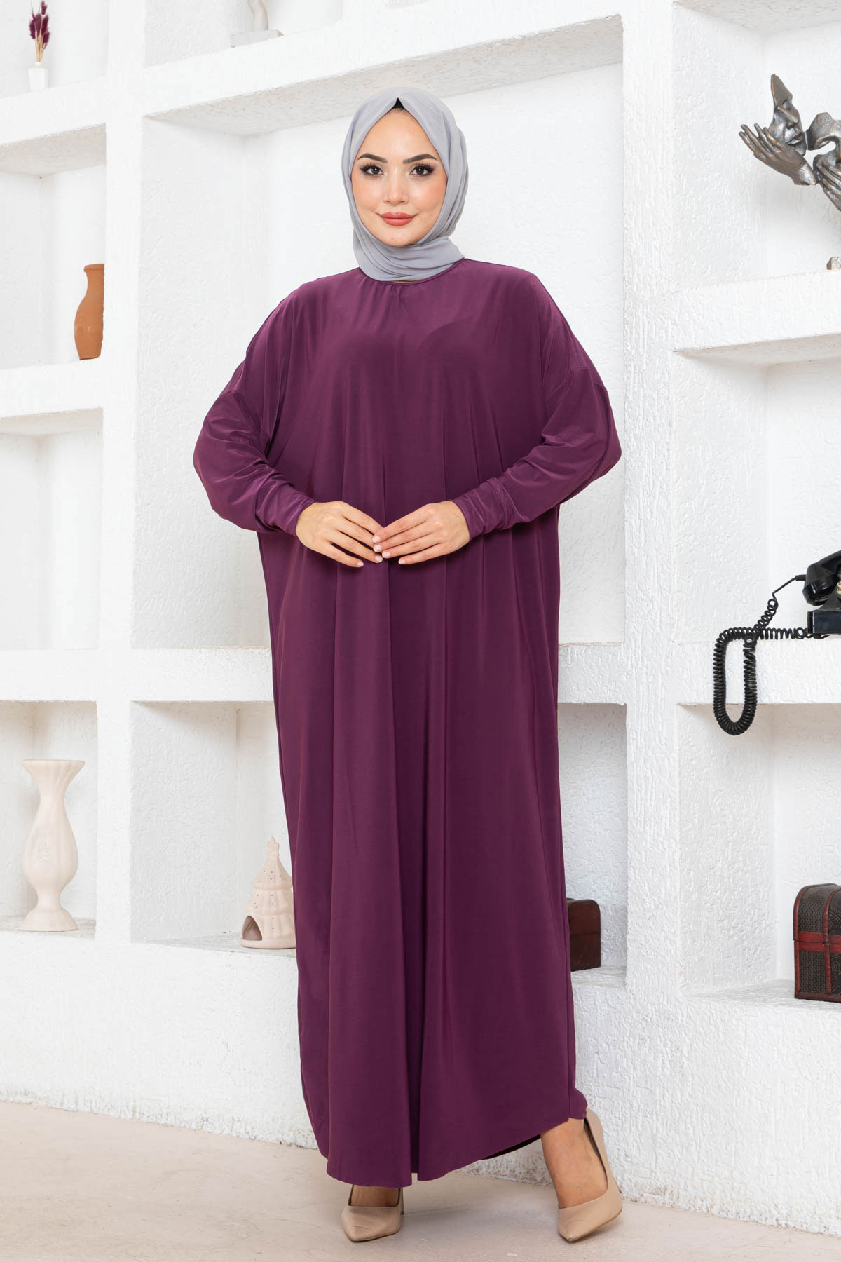 Yarasa Kol Elbise - Eflatun