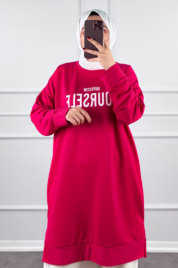 Yazı Detaylı Tunik - Pembe