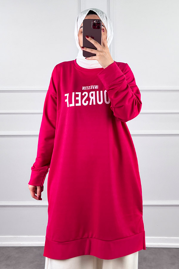 Yazı Detaylı Tunik - Pembe
