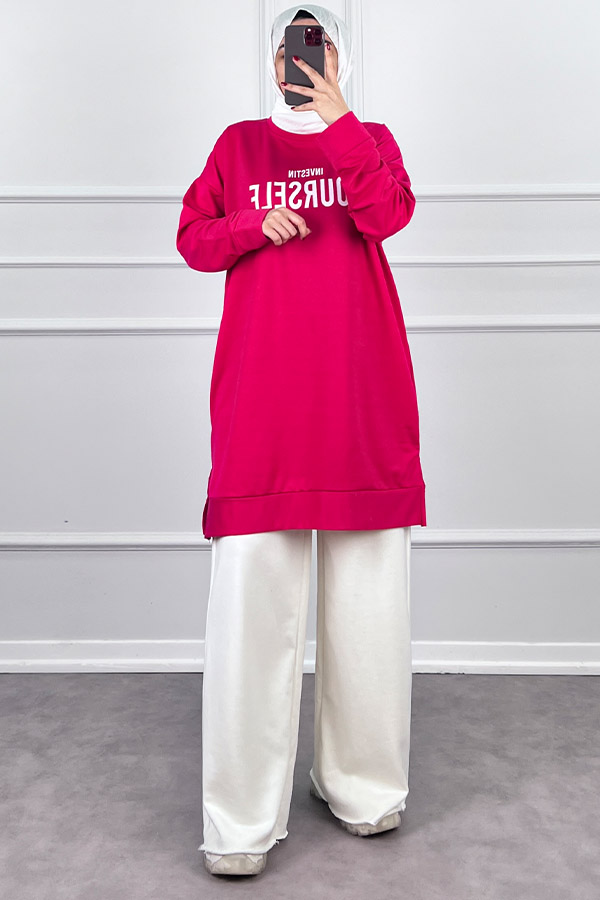 Yazı Detaylı Tunik - Pembe