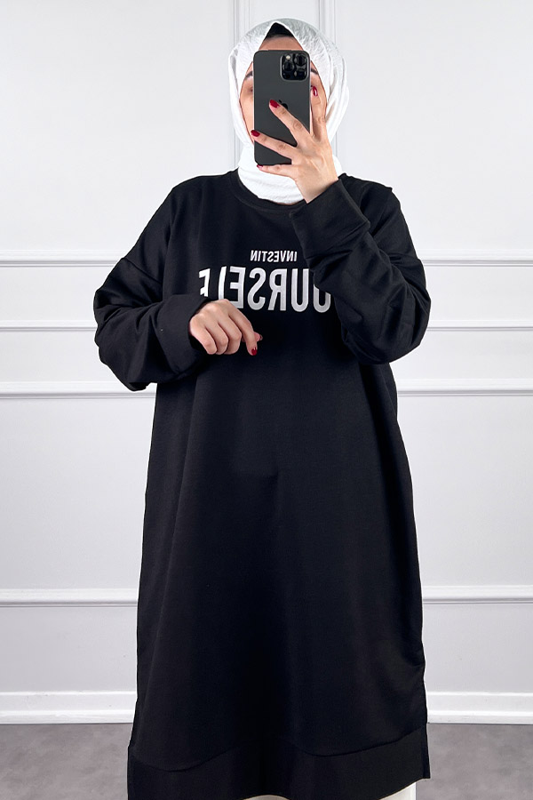 Yazı Detaylı Tunik - Siyah