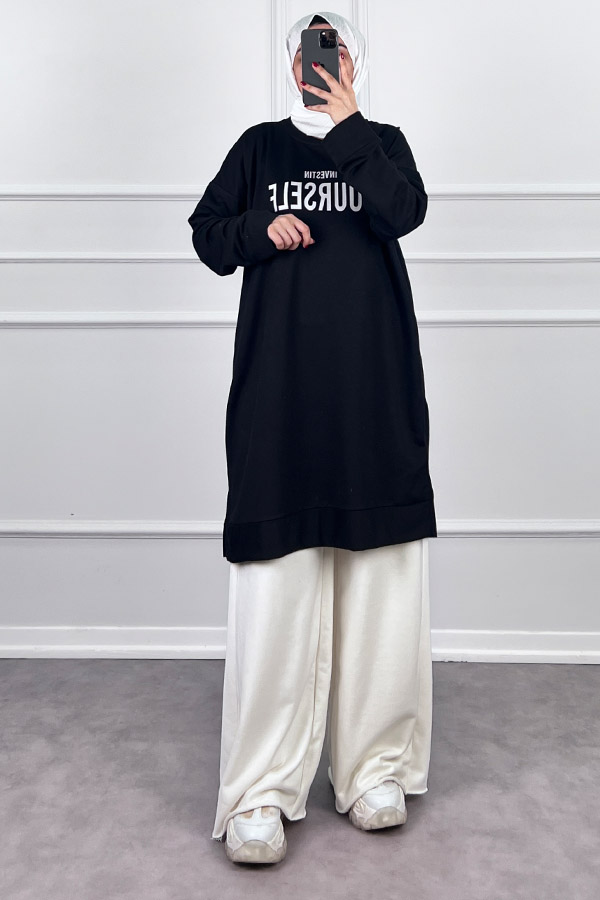 Yazı Detaylı Tunik - Siyah