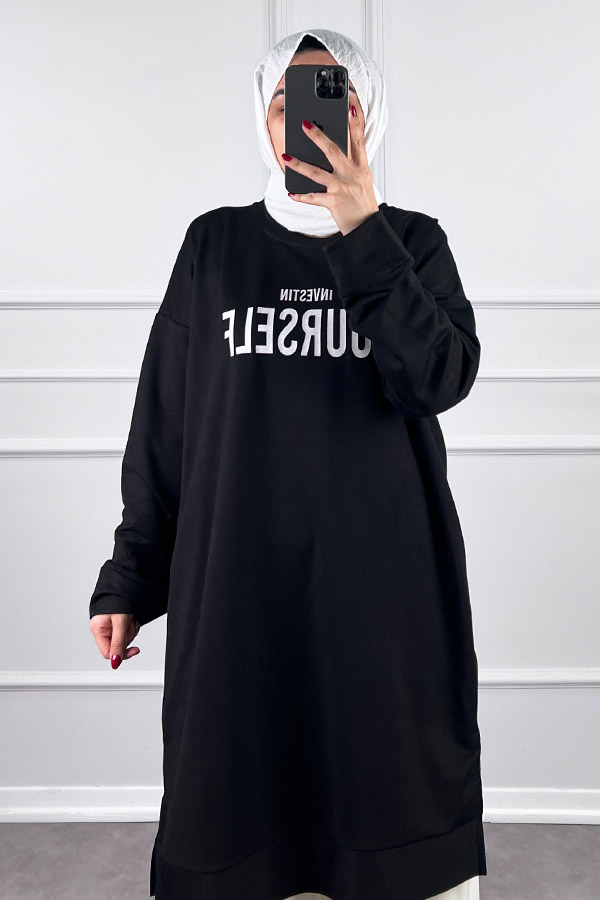 Yazı Detaylı Tunik - Siyah