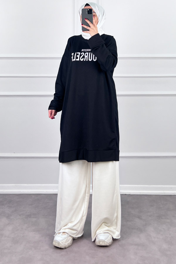 Yazı Detaylı Tunik - Siyah