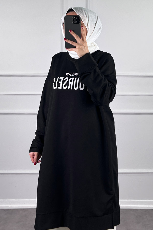 Yazı Detaylı Tunik - Siyah
