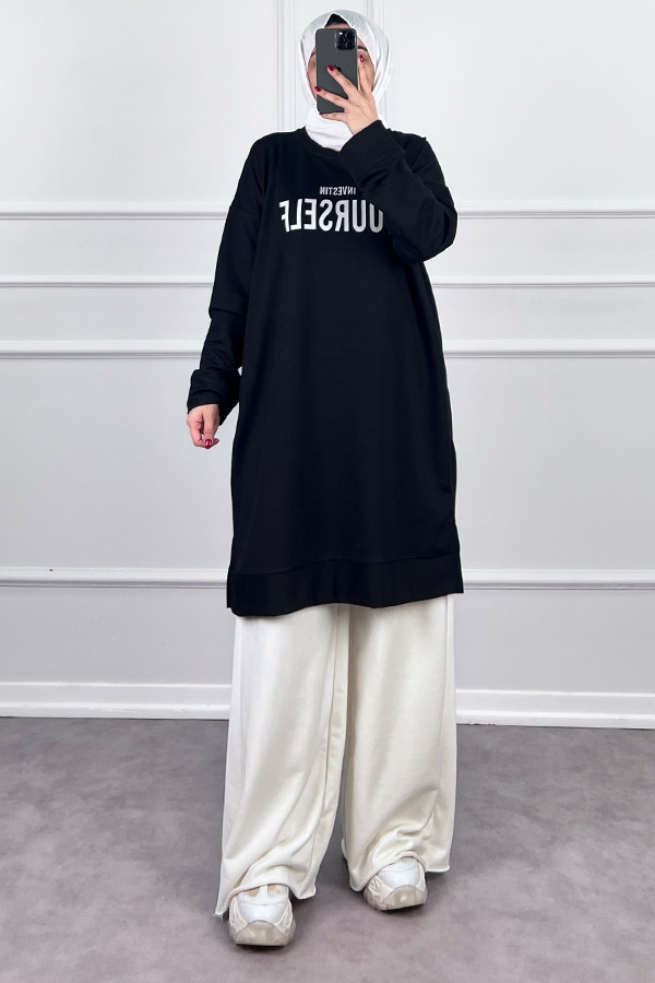 Yazı Detaylı Tunik - Siyah