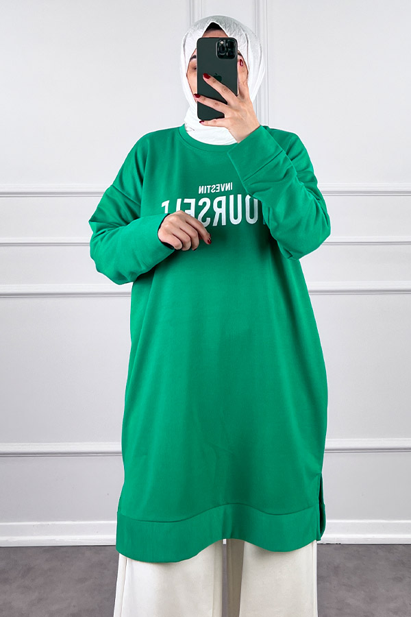 Yazı Detaylı Tunik - Yeşil