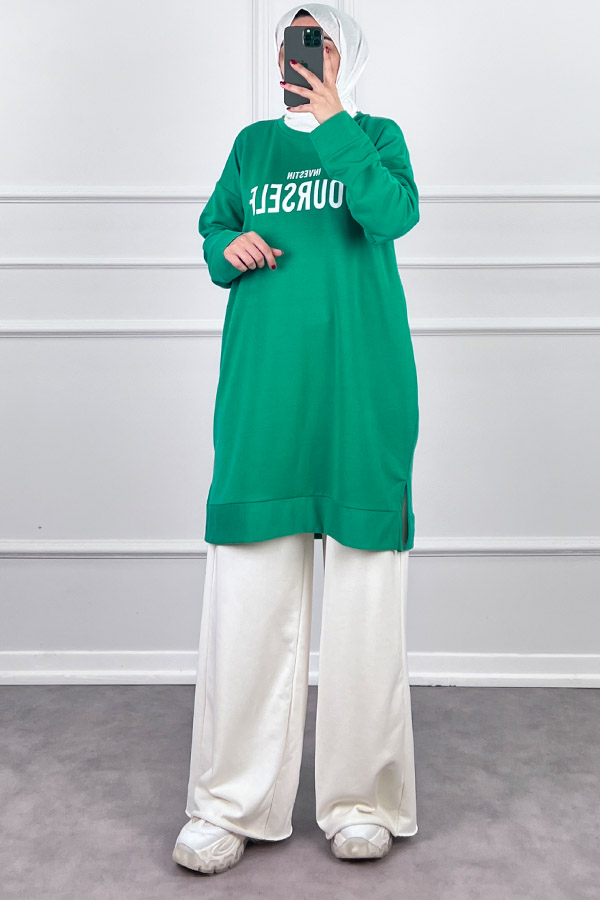 Yazı Detaylı Tunik - Yeşil