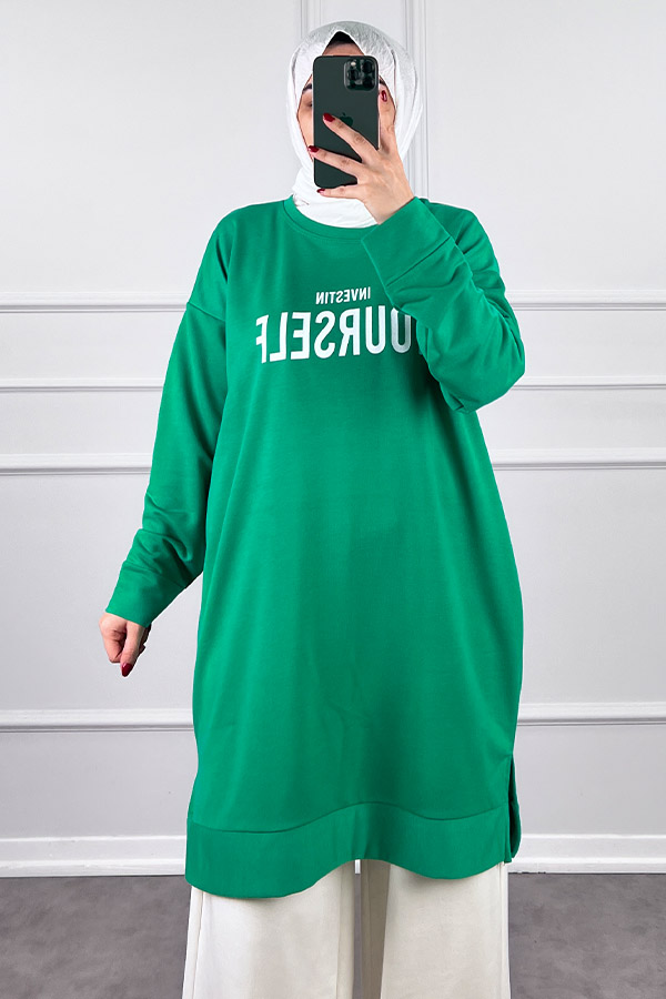 Yazı Detaylı Tunik - Yeşil