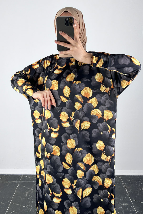 Yonca Desenli Yarasa Kol Elbise - Siyah Yonca Desenli Yarasa Kol Elbise - Siyah