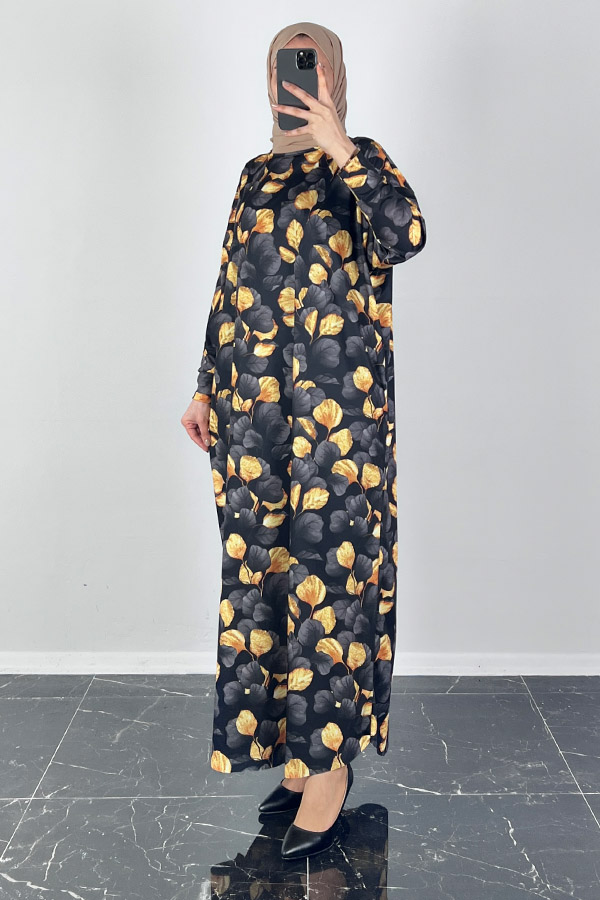 Yonca Desenli Yarasa Kol Elbise - Siyah Yonca Desenli Yarasa Kol Elbise - Siyah