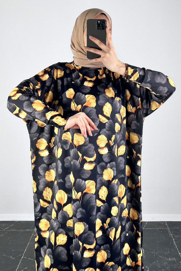 Yonca Desenli Yarasa Kol Elbise - Siyah Yonca Desenli Yarasa Kol Elbise - Siyah