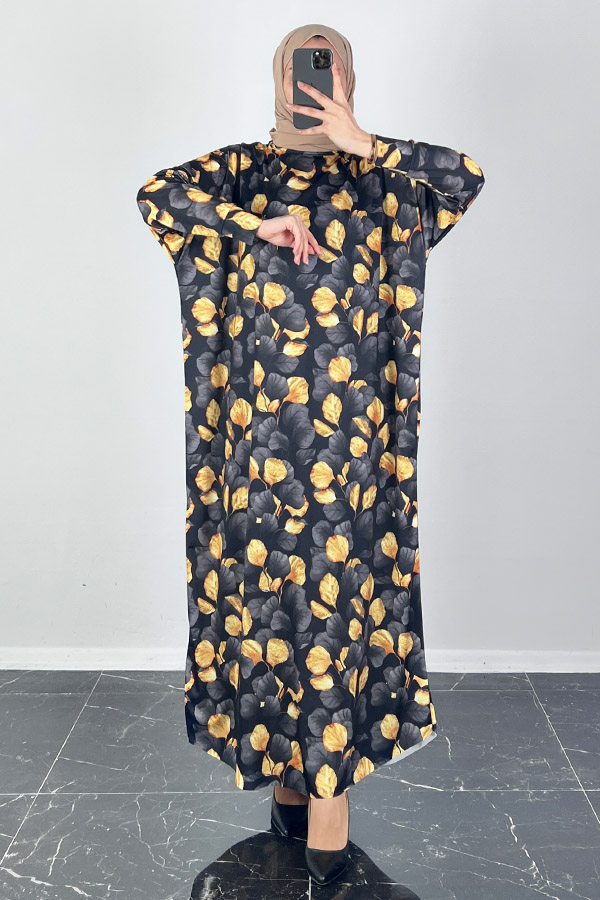 Yonca Desenli Yarasa Kol Elbise - Siyah Yonca Desenli Yarasa Kol Elbise - Siyah