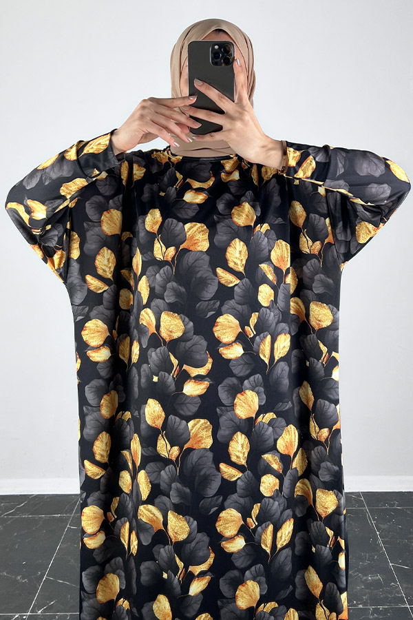 Yonca Desenli Yarasa Kol Elbise - Siyah Yonca Desenli Yarasa Kol Elbise - Siyah