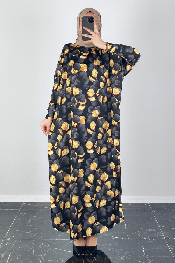 Yonca Desenli Yarasa Kol Elbise - Siyah Yonca Desenli Yarasa Kol Elbise - Siyah