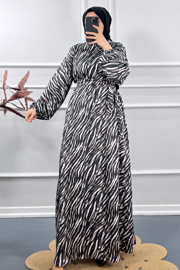 Zebra Desen İpek Saten Elbise