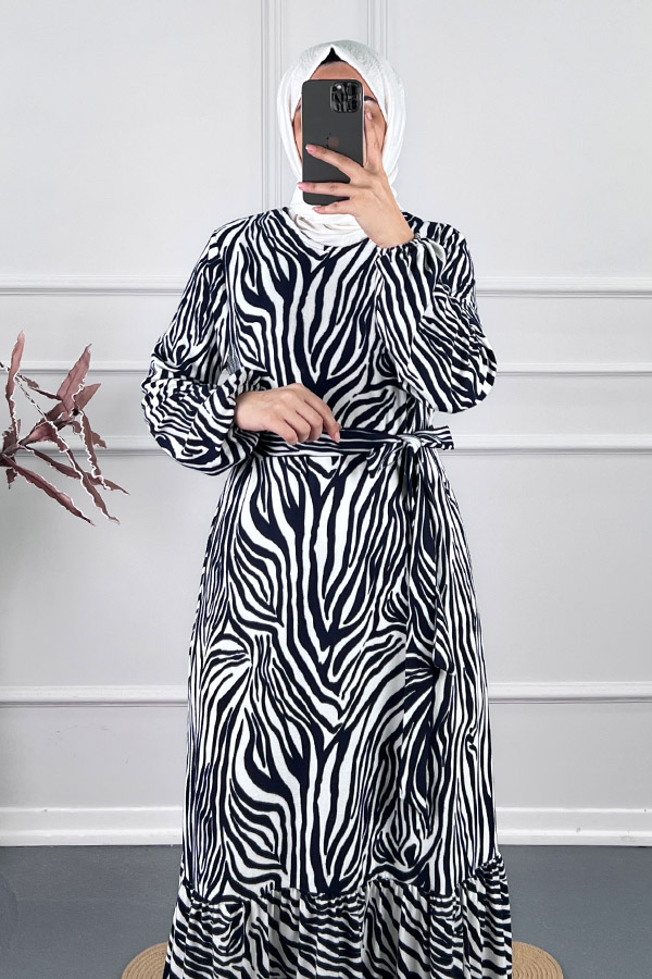 Zebra Desenli Kışlık Süet Elbise - Beyaz