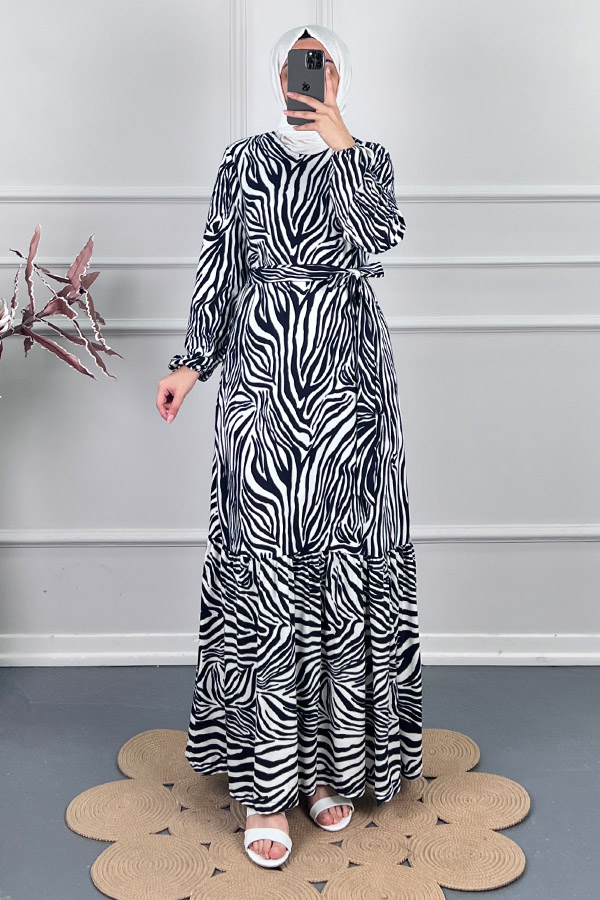 Zebra Desenli Kışlık Süet Elbise - Beyaz