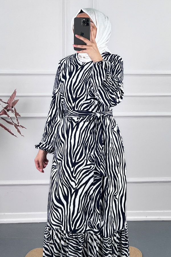 Zebra Desenli Kışlık Süet Elbise - Beyaz