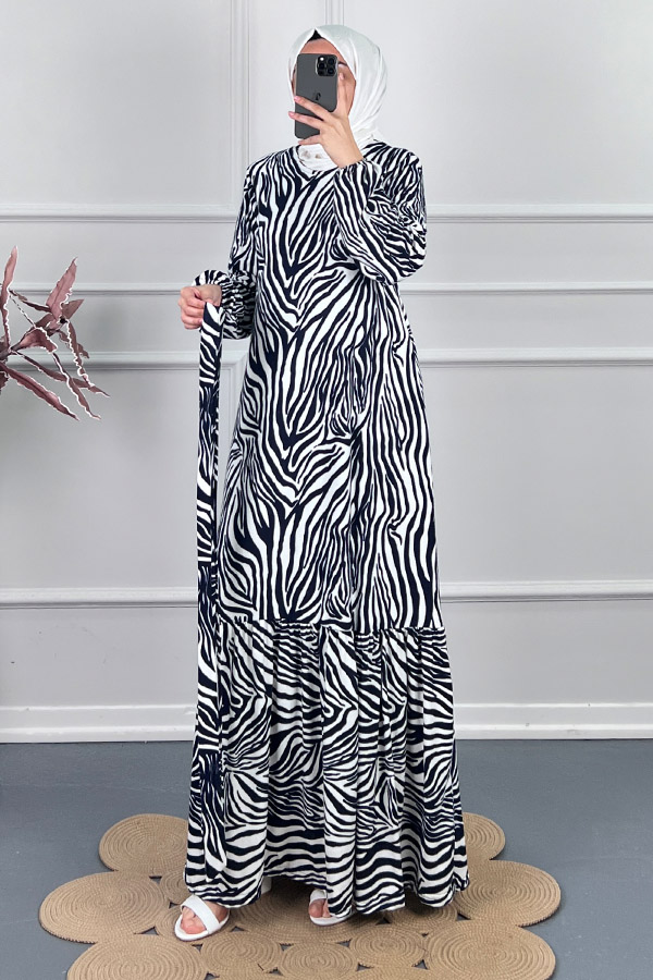 Zebra Desenli Kışlık Süet Elbise - Beyaz