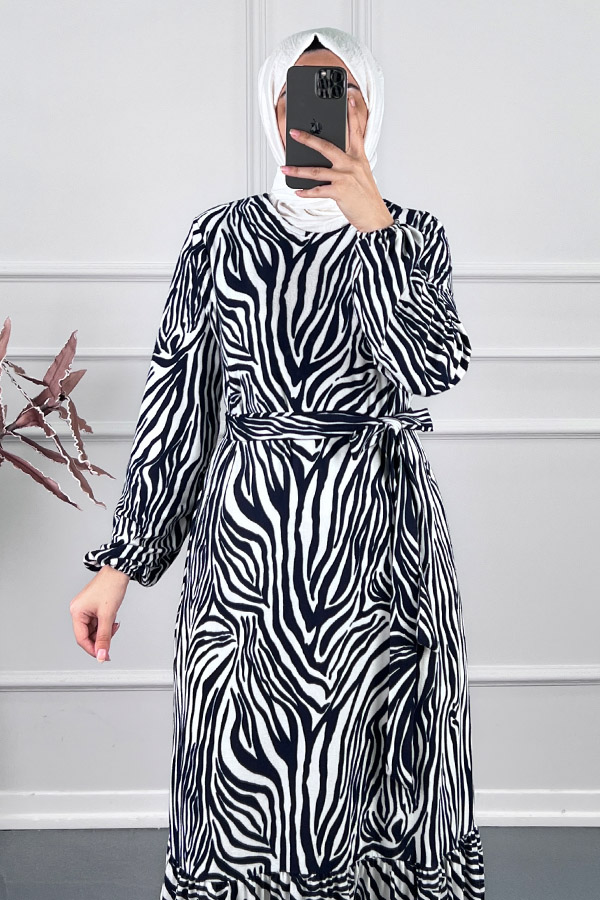 Zebra Desenli Kışlık Süet Elbise - Beyaz