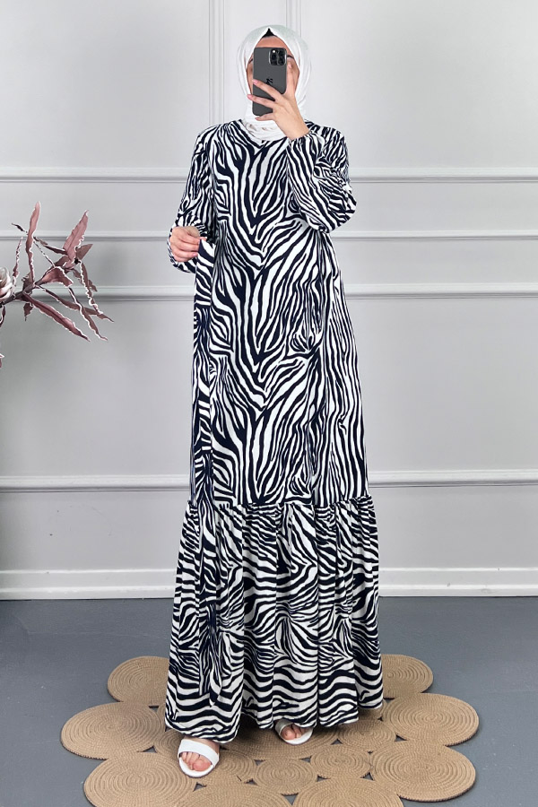 Zebra Desenli Kışlık Süet Elbise - Beyaz