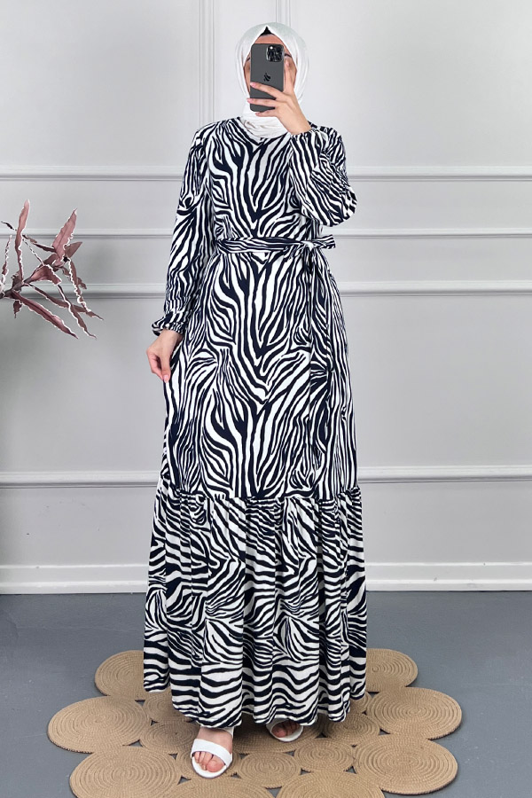 Zebra Desenli Kışlık Süet Elbise - Beyaz
