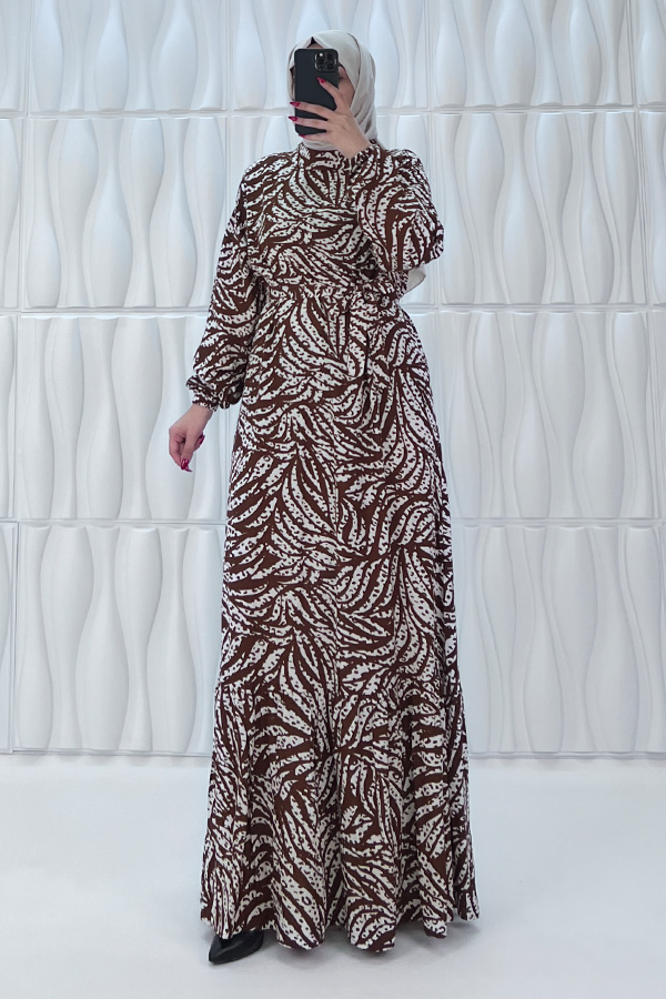 Zebra Desenli Pamuk Viskon Elbise - Kahverengi Zebra Desenli Pamuk Viskon Elbise - Kahverengi