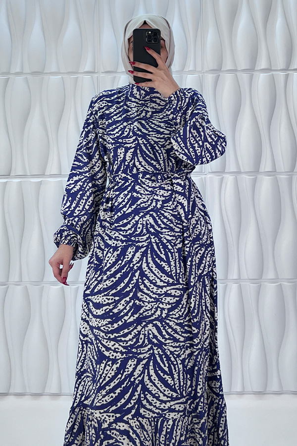 Zebra Desenli Pamuk Viskon Elbise - Mavi