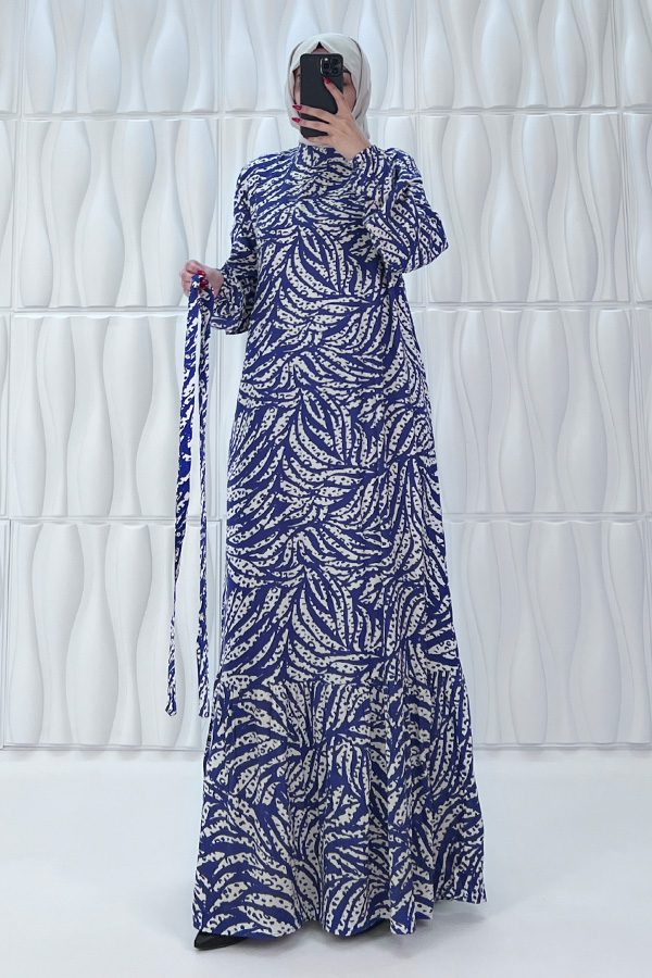 Zebra Desenli Pamuk Viskon Elbise - Mavi