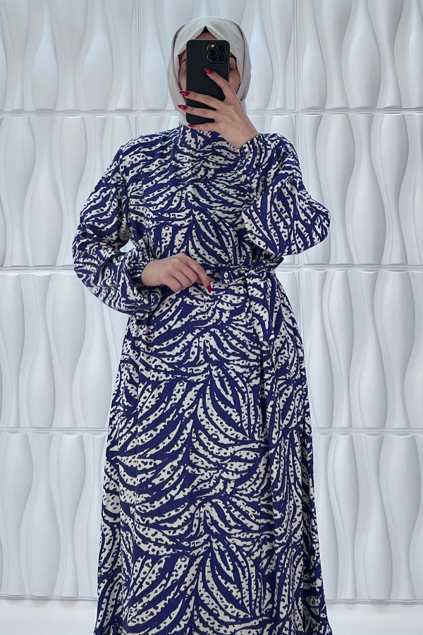 Zebra Desenli Pamuk Viskon Elbise - Mavi