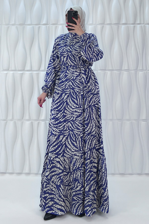 Zebra Desenli Pamuk Viskon Elbise - Mavi