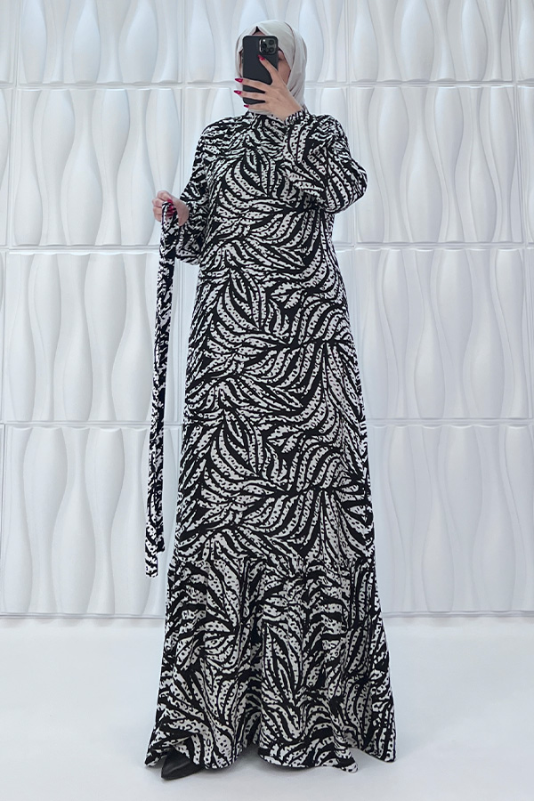 Zebra Desenli Pamuk Viskon Elbise - Siyah