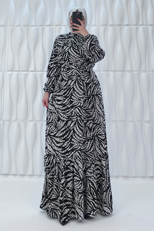 Zebra Desenli Pamuk Viskon Elbise - Siyah