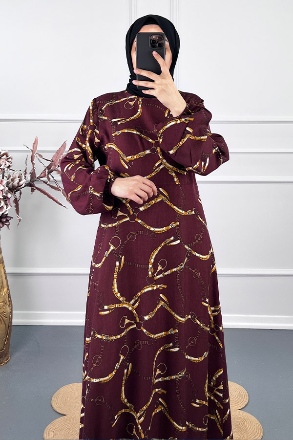 Zincir Desenli Tesettür Elbise - Bordo