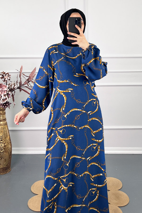 Zincir Desenli Tesettür Elbise - Mavi