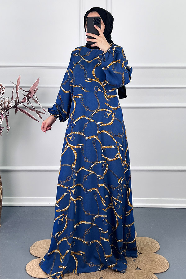 Zincir Desenli Tesettür Elbise - Mavi