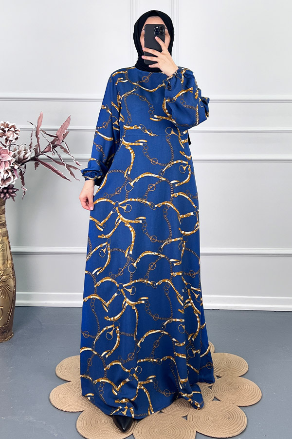 Zincir Desenli Tesettür Elbise - Mavi