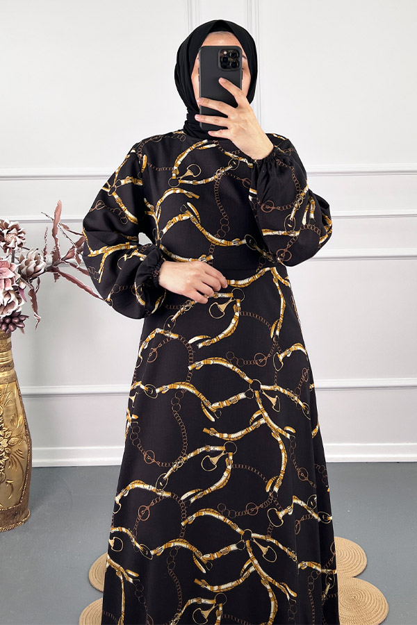 Zincir Desenli Tesettür Elbise - Siyah