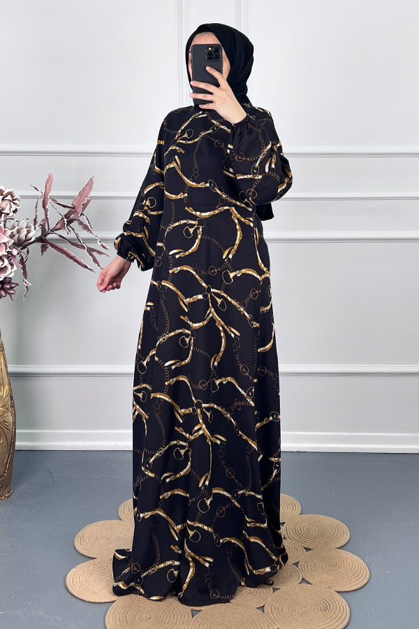 Zincir Desenli Tesettür Elbise - Siyah
