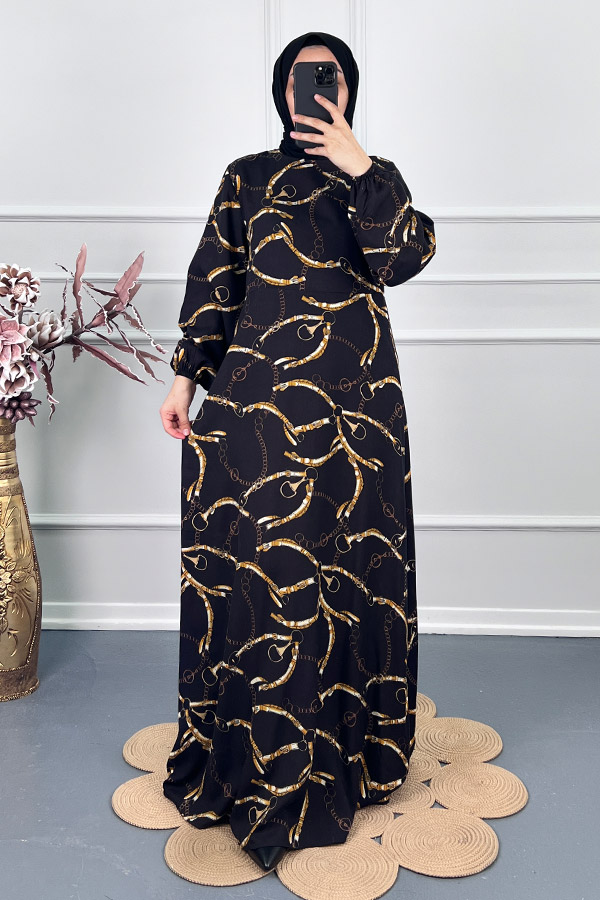 Zincir Desenli Tesettür Elbise - Siyah