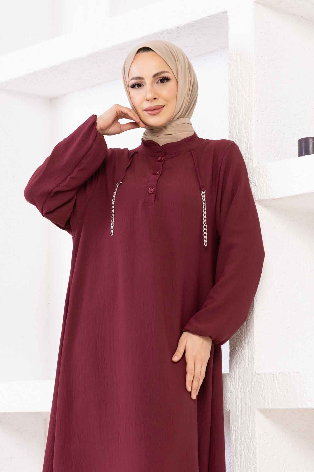 Zincir Detaylı Ayrobin Elbise - Bordo