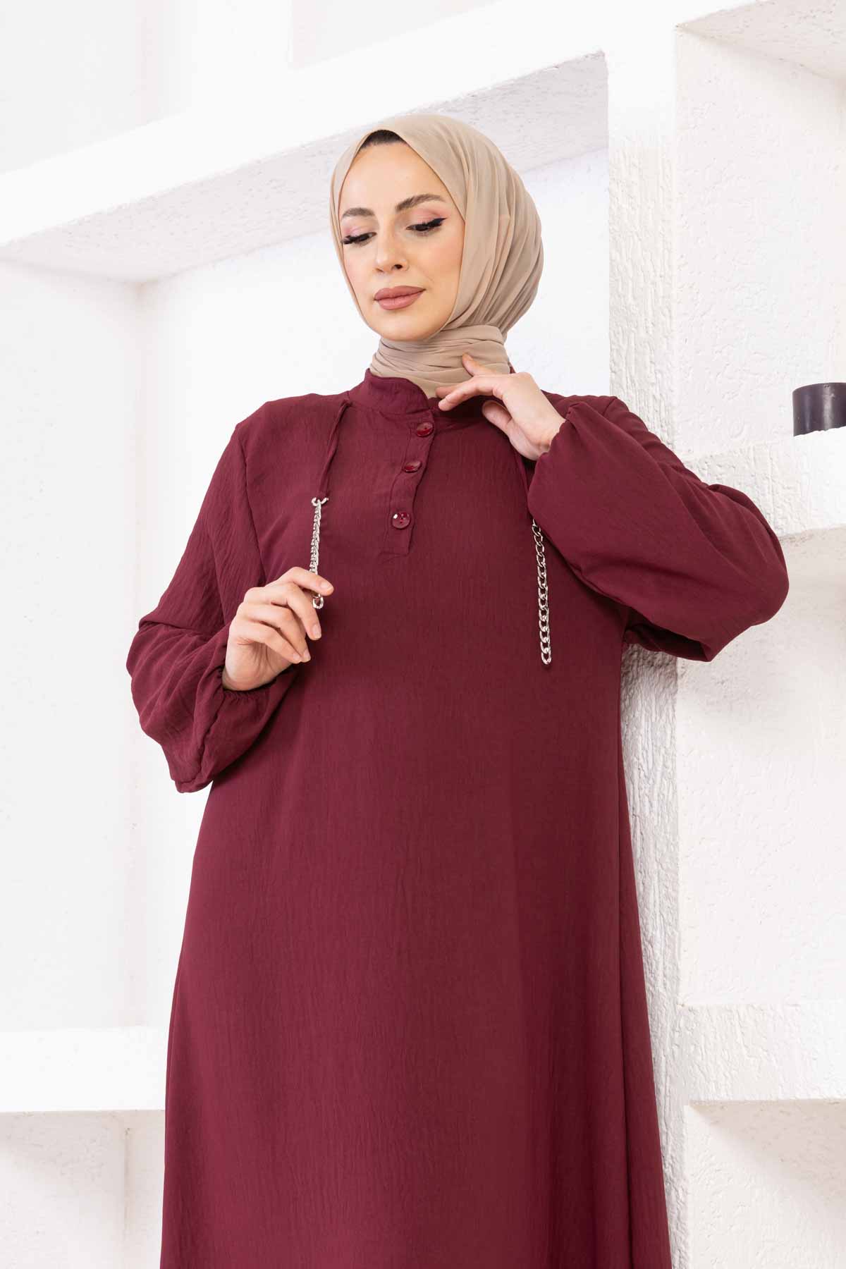 Zincir Detaylı Ayrobin Elbise - Bordo