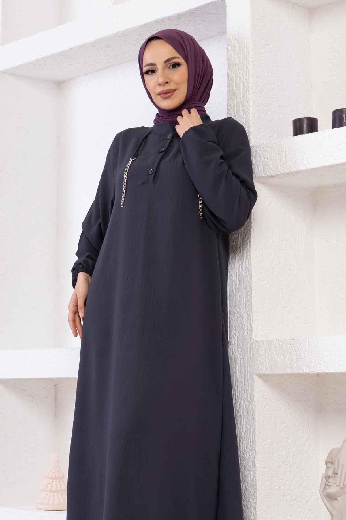 Zincir Detaylı Ayrobin Elbise - Füme