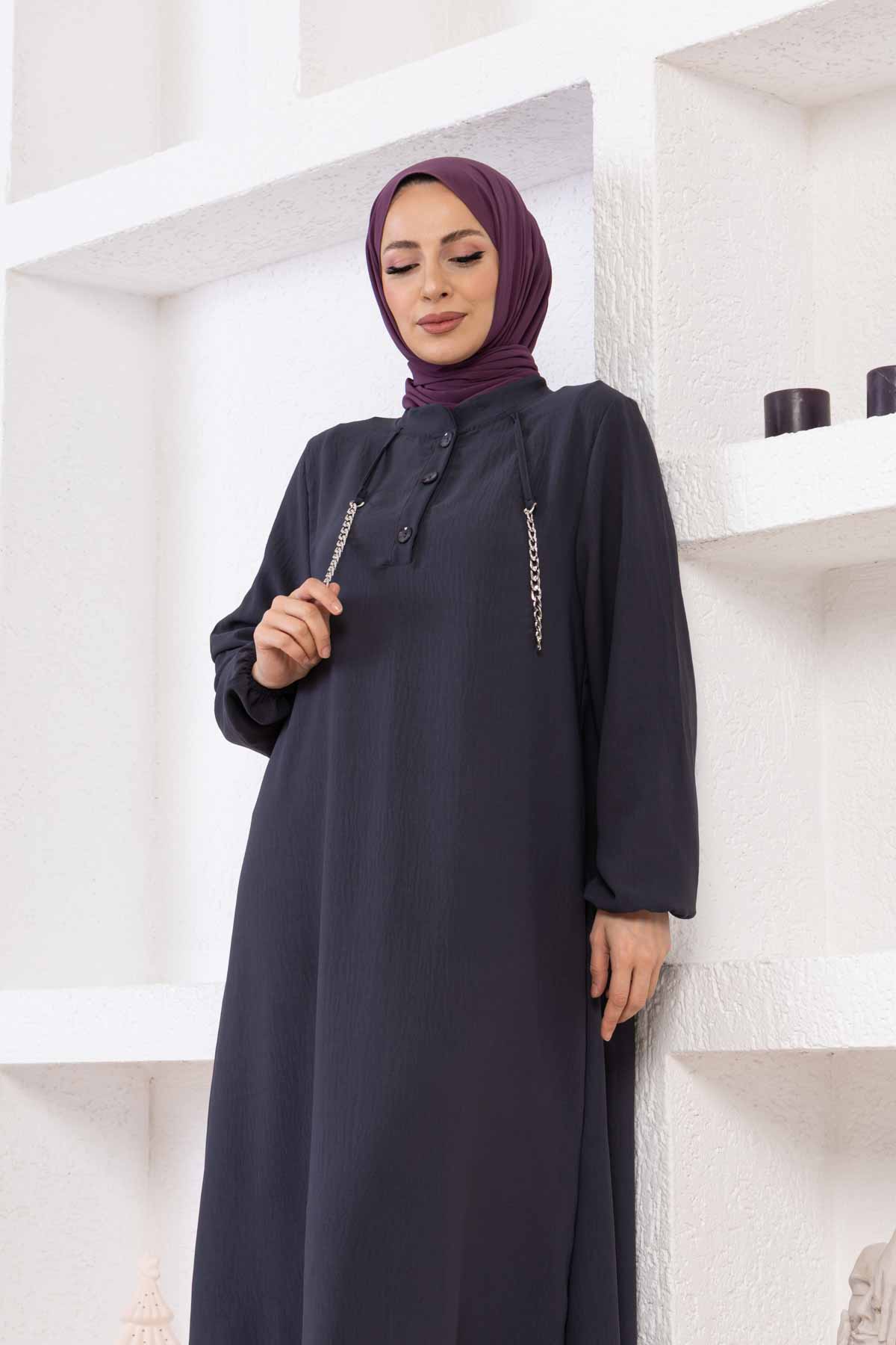 Zincir Detaylı Ayrobin Elbise - Füme