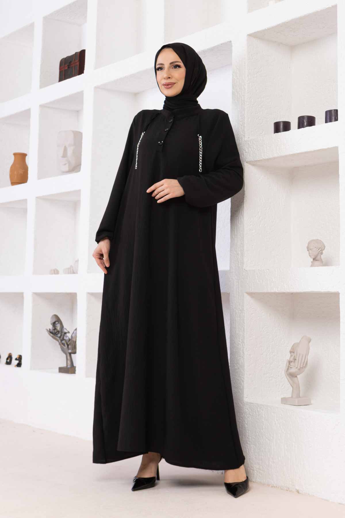 Zincir Detaylı Ayrobin Elbise - Siyah