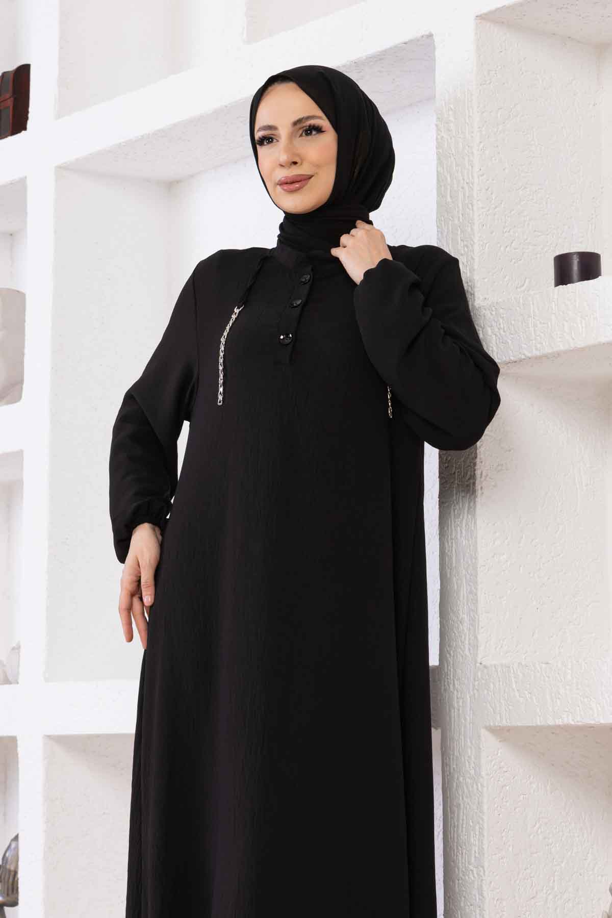 Zincir Detaylı Ayrobin Elbise - Siyah