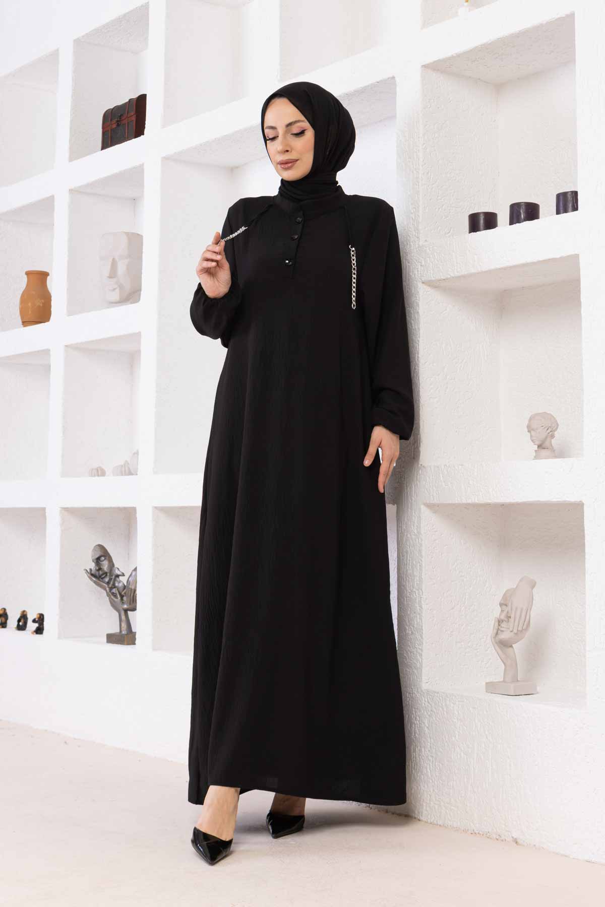Zincir Detaylı Ayrobin Elbise - Siyah